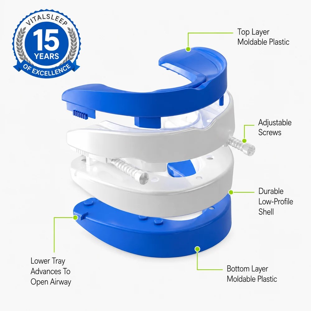 Exploded diagram of the VitalSleep mouthpiece showing the moldable top and bottom layers, adjustable screws and low-profile shell